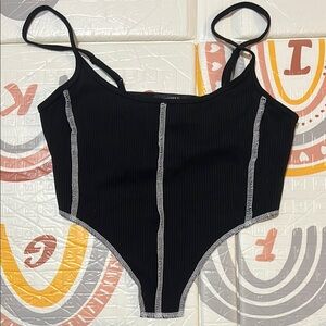 Black Ribbed Crop Top with Contrast Stitching